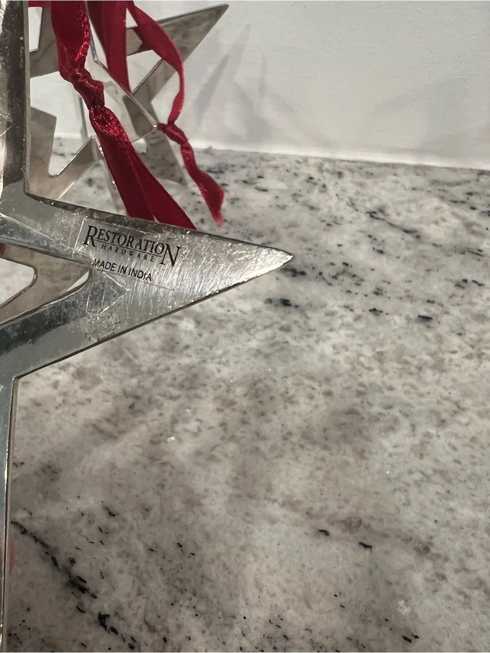 3 restoration hardware 3d Metal Star Holiday Ornament with Red Ribbon RARE